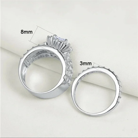 New 925 Silver 2 Pc Set Wedding Engagement Diamond Ring - Picture 4 of 6